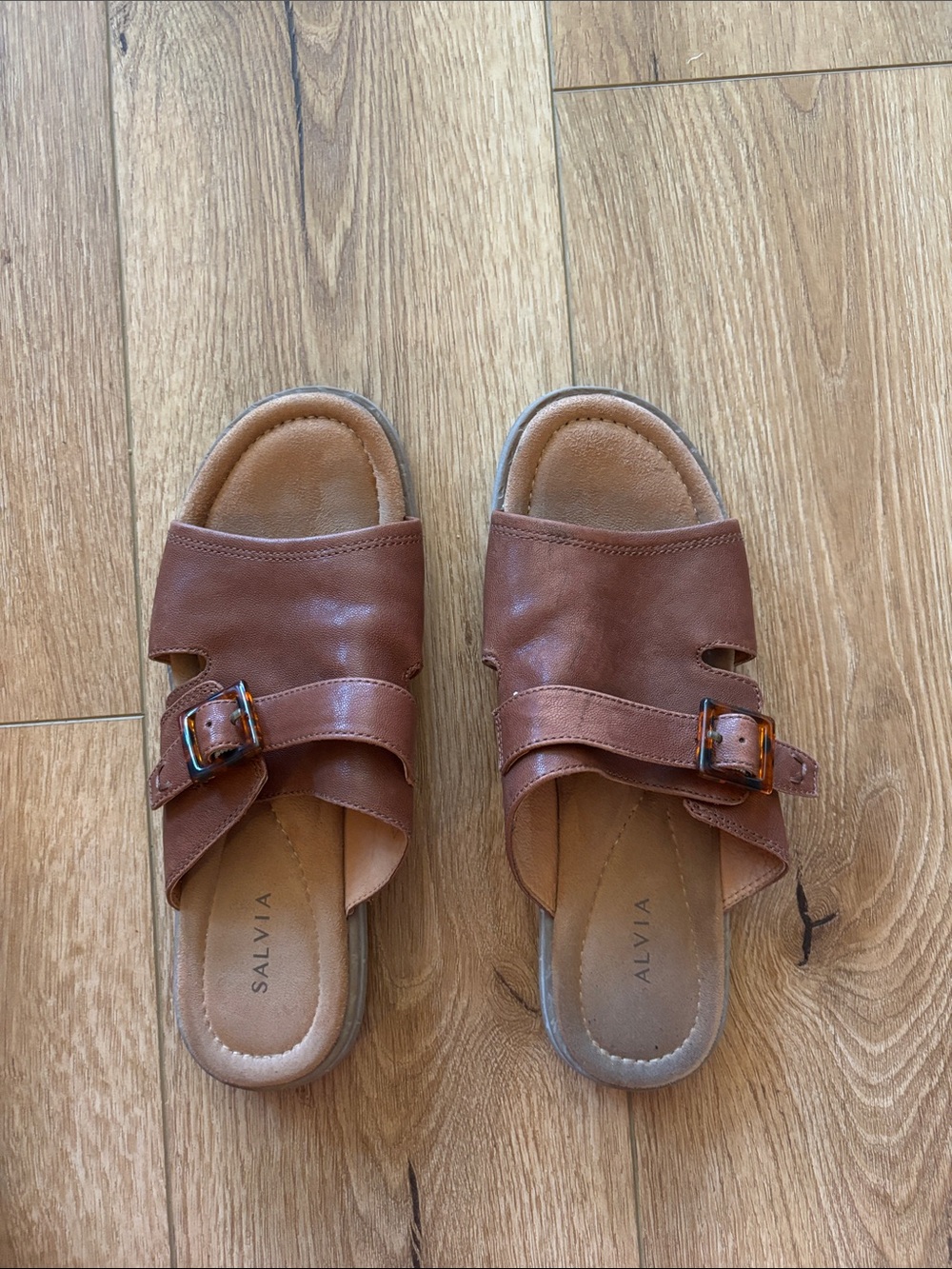 Saliva Brown Leather Slide Sandals with Buckle
